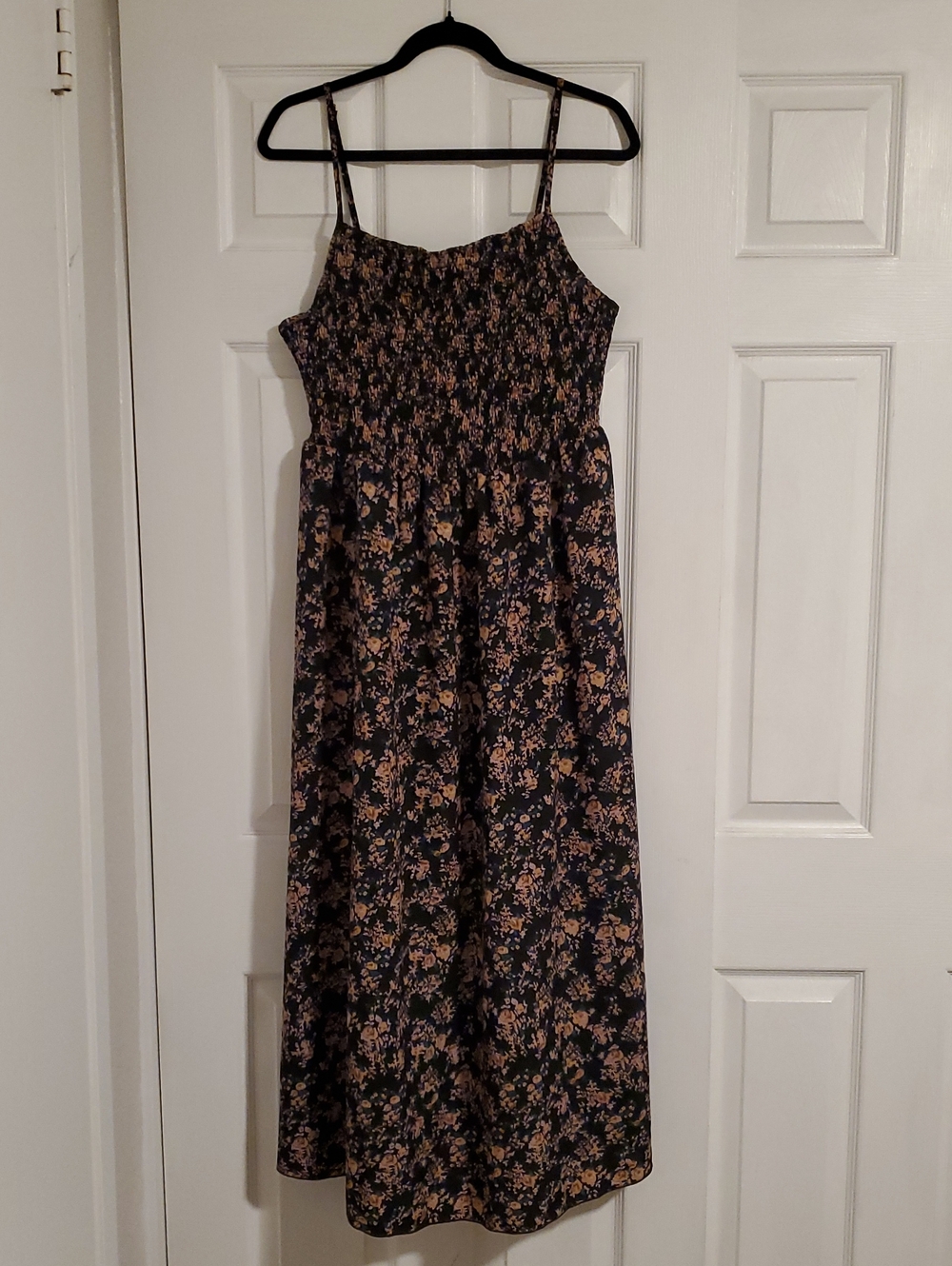 Smocked Floral Maxi Dress with Spaghetti Straps - Navy and Tan